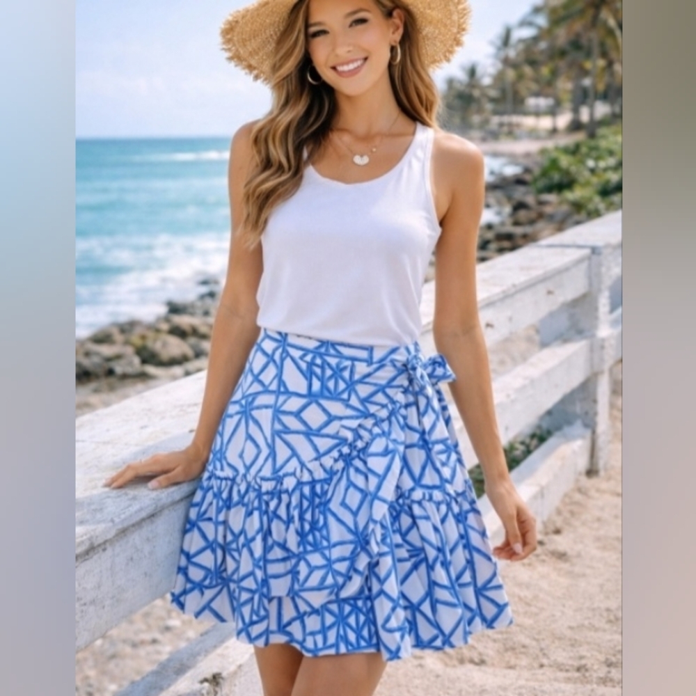 Vineyard Vines Bamboo Lattice Print Tiered Ruffle Skirt Size 6 NEW NWT Blue